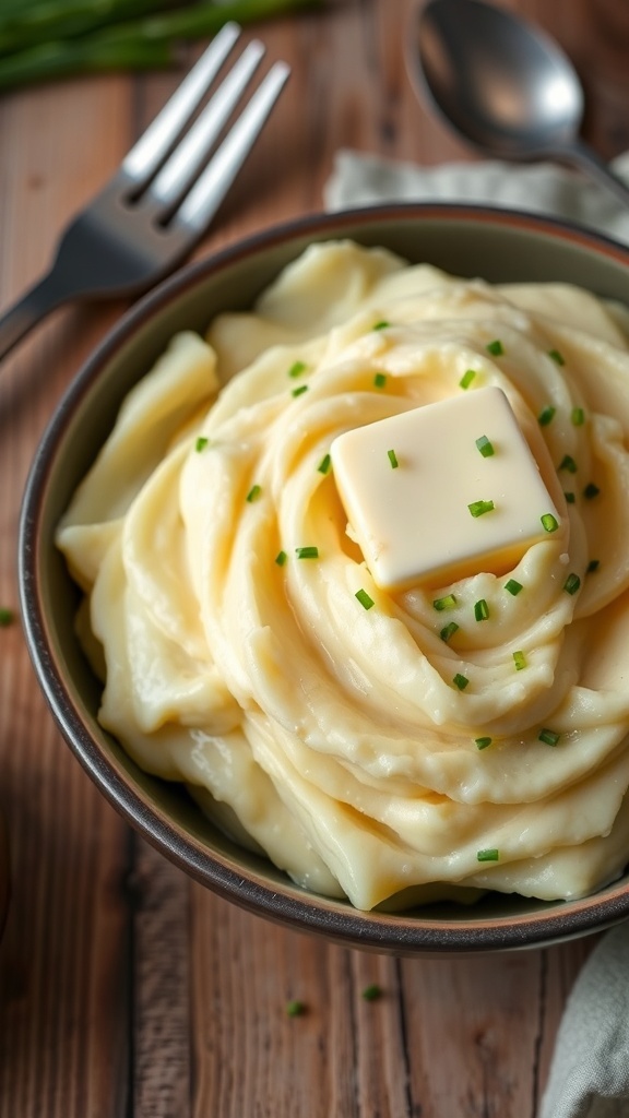 A bowl of creamy mashed potatoes topped with butter and chives on a rustic table.